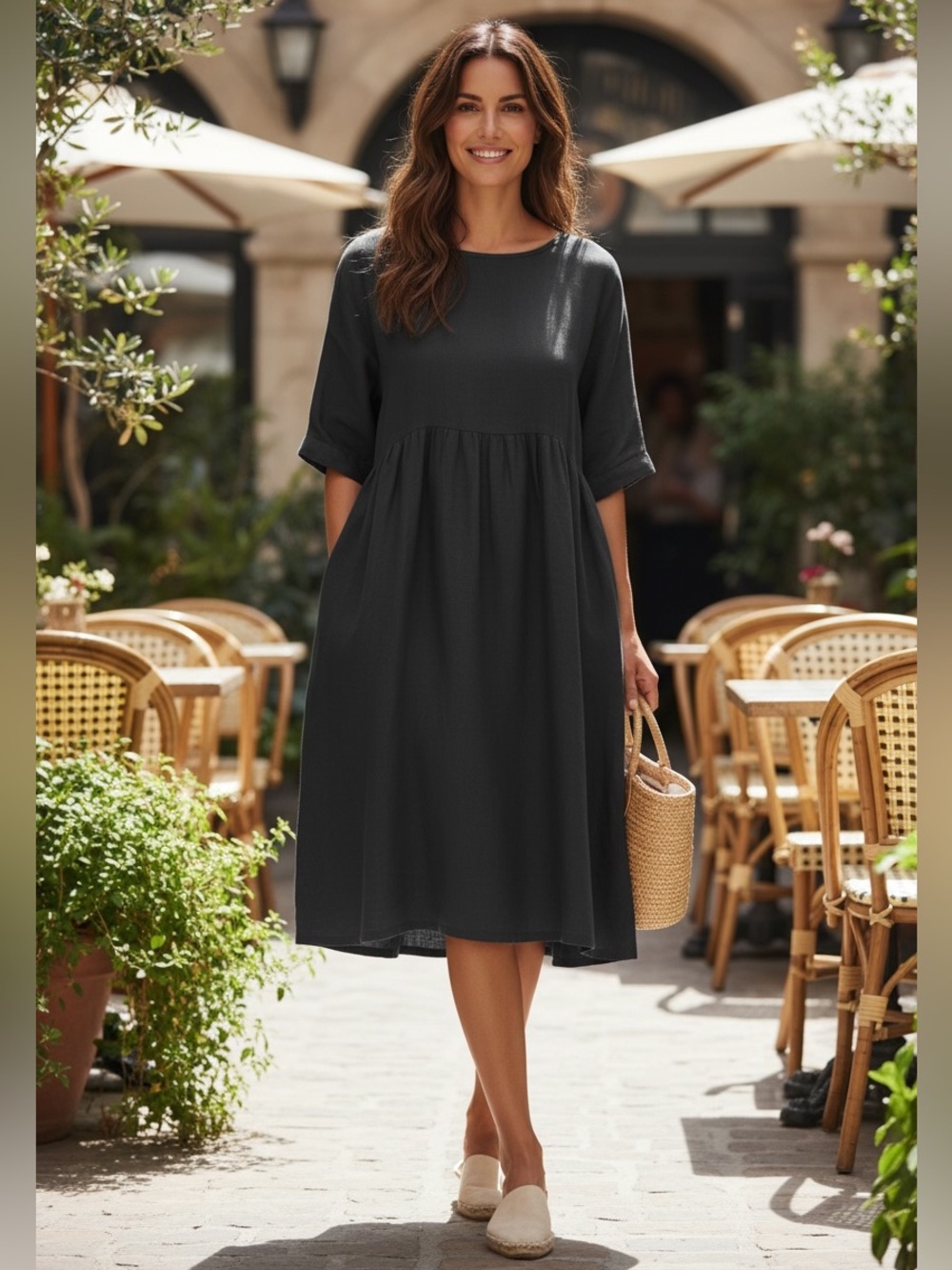 Eskandar Short-Sleeve A-Line Round-Neck Dress With Pleated Panels Dark Slate 0/6